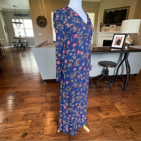 Express Maxi Dress Women's Small Blue Floral Long Roll Tab Sleeves Button Front - Picture 2 of 16